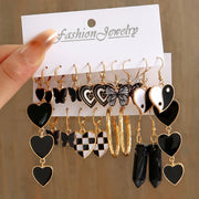 Fashion Black Heart Drop Earrings Set  for Women Chessboard Ladies