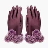 Women Winter Gloves Faux Rabbit PU Leather Touch Screen Mittens Lady