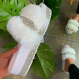 2024 Winter Designer Fur Rhinestone Slippers Women Luxury Platform