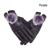 Women Winter Gloves Faux Rabbit PU Leather Touch Screen Mittens Lady