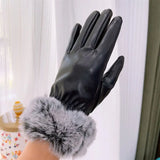 Women Winter Gloves Faux Rabbit PU Leather Touch Screen Mittens Lady