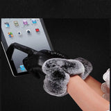 Women Winter Gloves Faux Rabbit PU Leather Touch Screen Mittens Lady