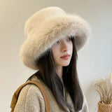 Winter Hat for Women Faux Fur Fluffy Bucket Hat for Women Luxury Plush