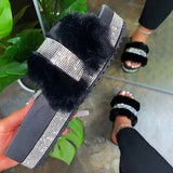 2024 Winter Designer Fur Rhinestone Slippers Women Luxury Platform