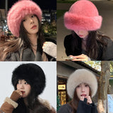 New Warm Fluffy Fur Bucket Hat Thicken Cold Plush Fisherman Hat Snowy