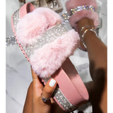 2024 Winter Designer Fur Rhinestone Slippers Women Luxury Platform