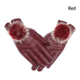 Women Winter Gloves Faux Rabbit PU Leather Touch Screen Mittens Lady