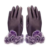 Women Winter Gloves Faux Rabbit PU Leather Touch Screen Mittens Lady