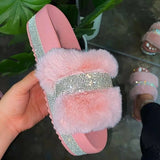 2024 Winter Designer Fur Rhinestone Slippers Women Luxury Platform