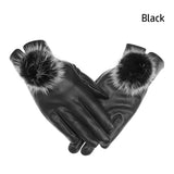 Women Winter Gloves Faux Rabbit PU Leather Touch Screen Mittens Lady