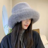 Winter Hat for Women Faux Fur Fluffy Bucket Hat for Women Luxury Plush