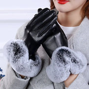 Women Winter Gloves Faux Rabbit PU Leather Touch Screen Mittens Lady