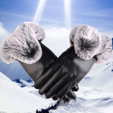 Women Winter Gloves Faux Rabbit PU Leather Touch Screen Mittens Lady