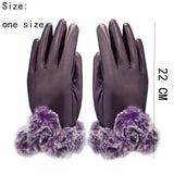 Women Winter Gloves Faux Rabbit PU Leather Touch Screen Mittens Lady